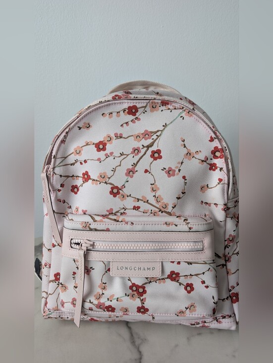 Longchamp Pink Floral Small Backpack with Cherry Blossom Print